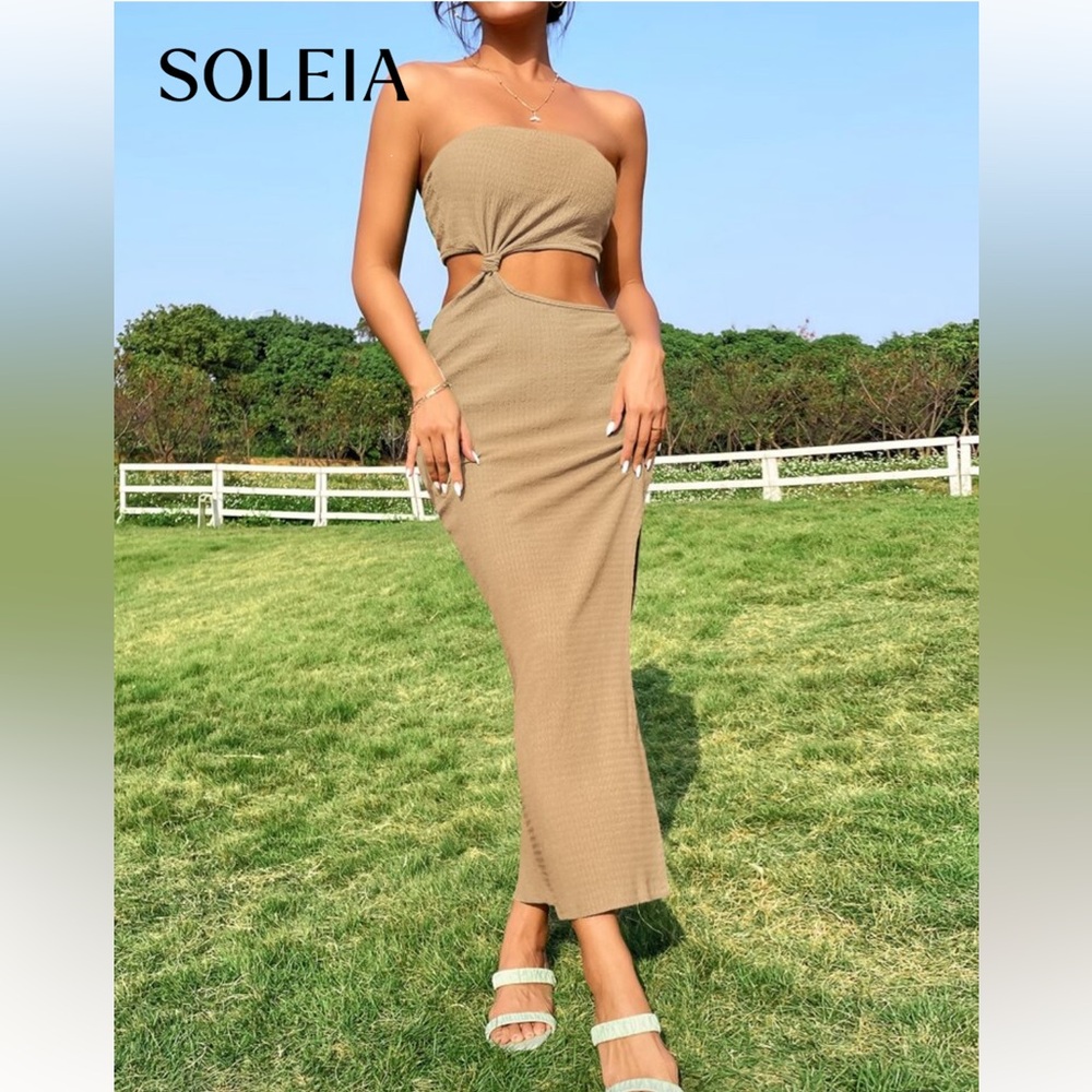 SHEIN Tan Strapless Cutout Dress